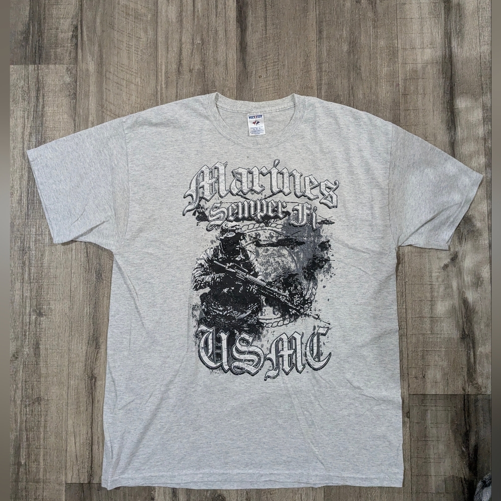 Jerzees Light Gray USMC semper Fi Tee Y2K Vintage Marine Corp